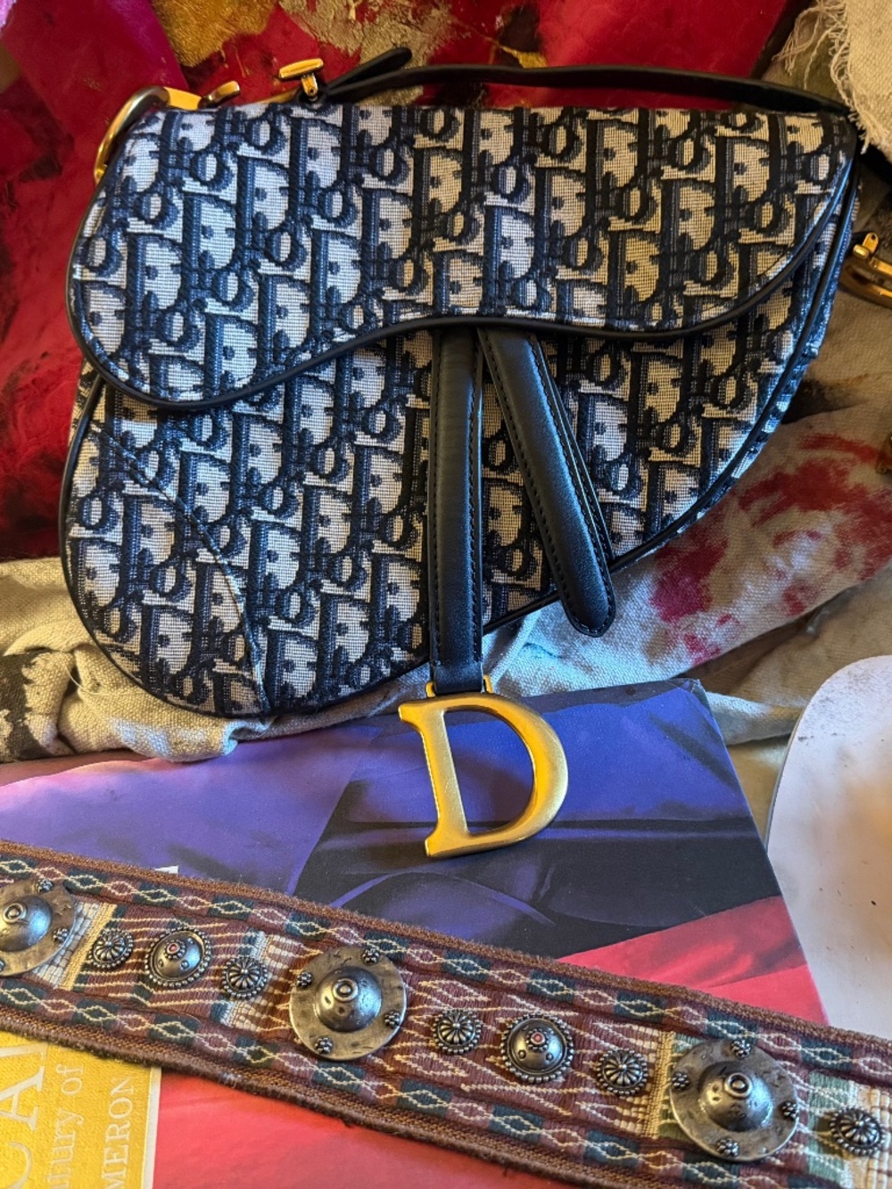 Dior Blue Oblique Jacquard Saddle Bag Med Christian Dior Bohemian Studded Strap